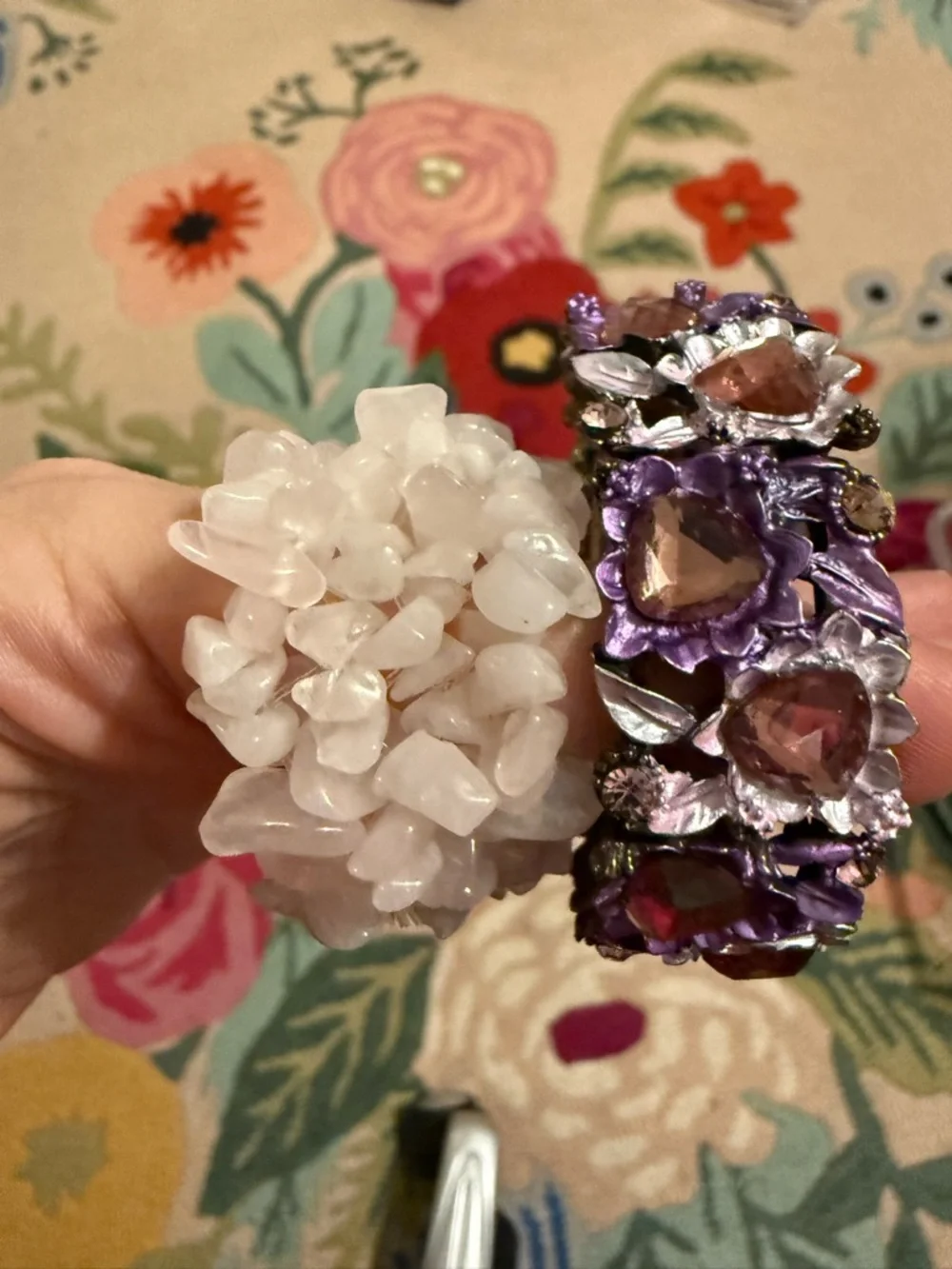 Boho Stretch Bracelet Set White Quartz Chip‎ & Purple Enamel Floral Crystal Cuff